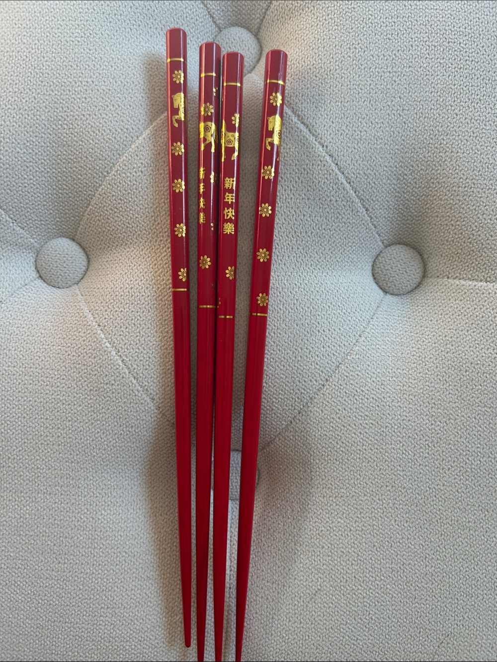 Red Decorative Chopsticks with Gold Floral Accents Year of the Horse Hair sticks